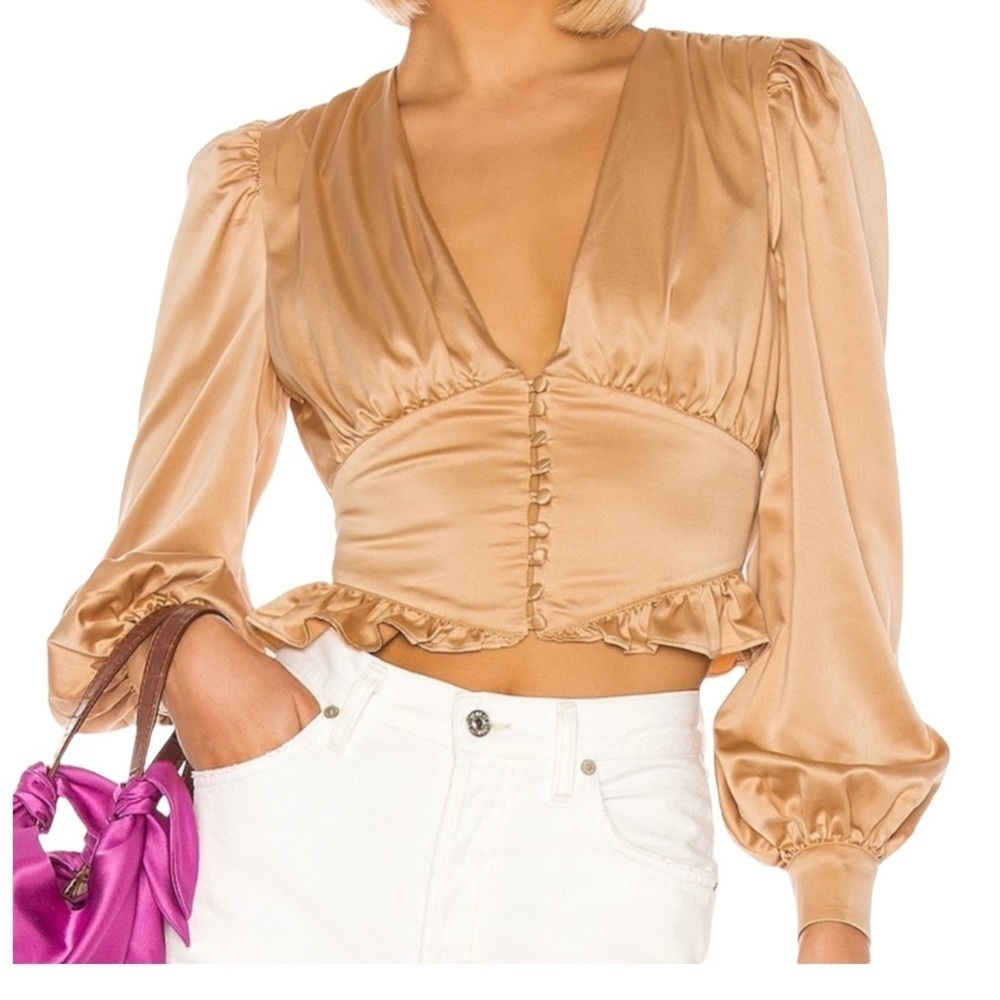 Song of Style Gold Wide Sleeves Low V Neck Corset Waist Cropped Top NWOT